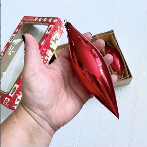 ONE BOX Vintage Old World Christmas Ornaments Teardrop Icicle Glass Red Set x6 - Picture 4 of 10